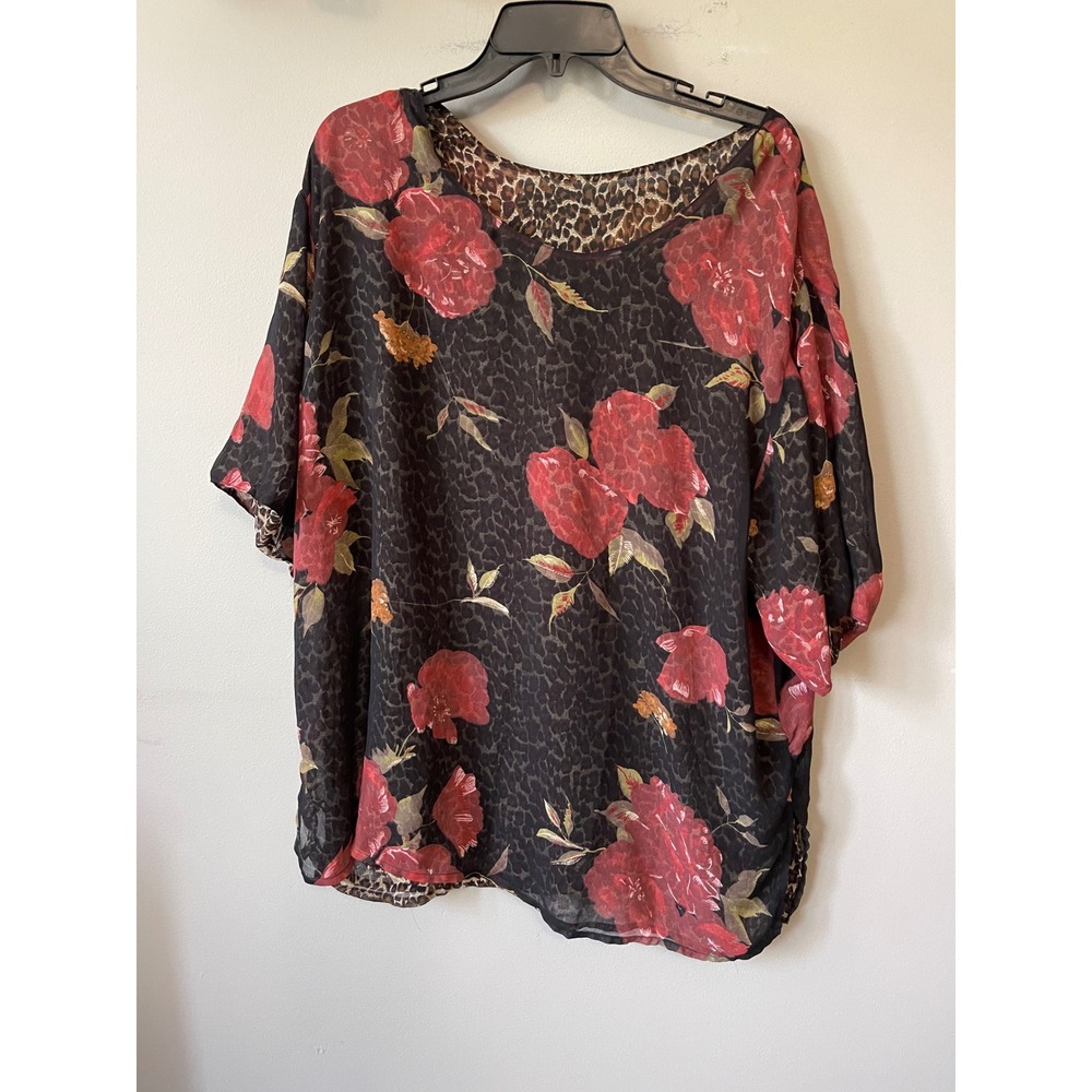Reversible Floral Leopard Print Blouse Sheer Double Layered Oversized Top Womens